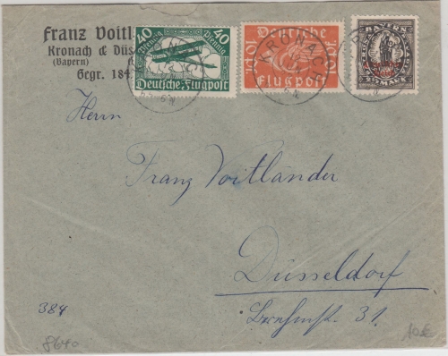 Bayern - 2 1/2 M. By-Abschied/DR u.a. Brief Kronach - Düsseldorf 1922