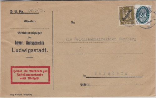 DR - 20 Pfg. Strohhut u.a. Zustellurkunde Ludwigsstadt - Nürnberg 1929
