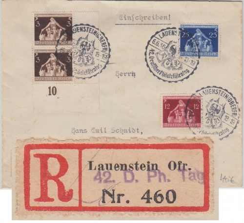 DR - Lauenstein 1936 42. Dt. Philatelistentag SST + Sonder-R-Zettel R-Brief