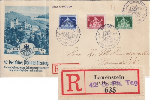DR - Lauenstein 1936 42. Dt. Philatelistentag SST + Sonder-R-Zettel R-Brief