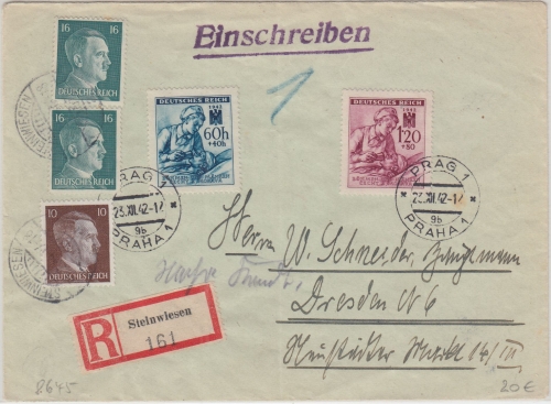 DR - 2x16+10 Pfg. AH Einschreibebrief Steinwiesen - Dresden 1944