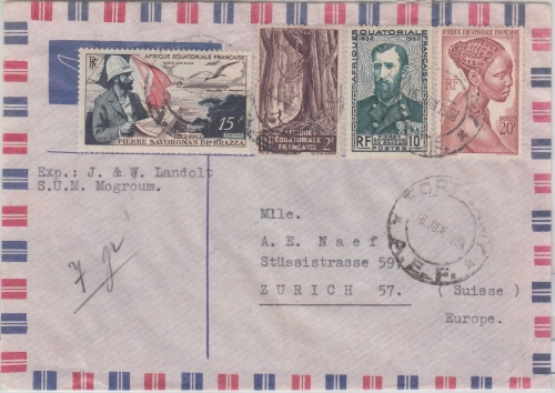 Franz. Äquatorial-Afrika - 15 Fr. Brazza u.a. Luftpostbrief i.d. SCHWEIZ 1954