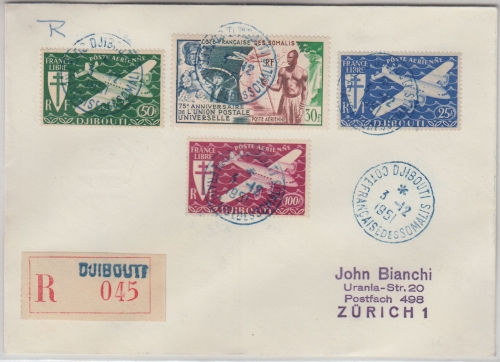 Franz. Somaliküste - 30 Fr. 75 Jahre UPU u.a. Einschreibebrief Djibouti 1951