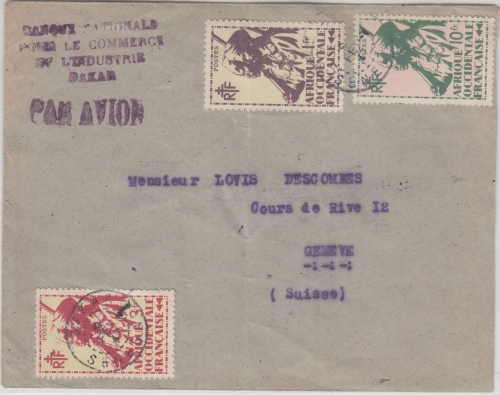 Franz. Westafrika - 10 Fr. Freimarken u.a. Luftpostbrief Dakar - Genf 1947