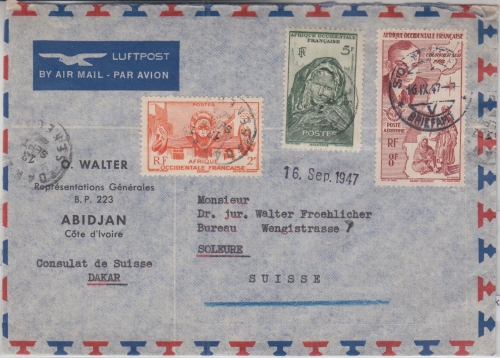 Franz. Westafrika - 8 Fr. Flugpostausg. u.a. Luftpostbrief Dakar - Soleure 1947