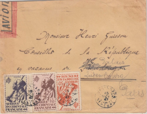 Franz. Westafrika - 5 Fr. Freimarken u.a. Luftpostbrief Koudougou - Paris 1947