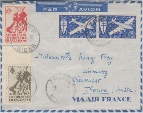 Franz. Westafrika - 2x5,50 Fr. Flugpostausg. u.a. Luftpostbrief Zinder 1946
