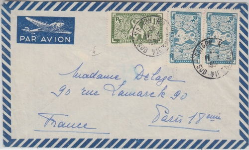 Franz. Indochina - 1 P.+2x70 C. Freimarken Luftpostbrief Saigon - Paris 1951