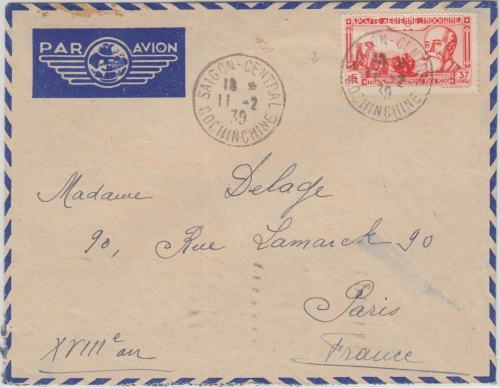Franz. Indochina - 37 C. Doumer Luftpostbrief Saigon - Paris 1939