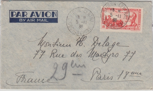 Franz. Indochina - 37 C. Doumer Luftpostbrief Saigon - Paris 1938