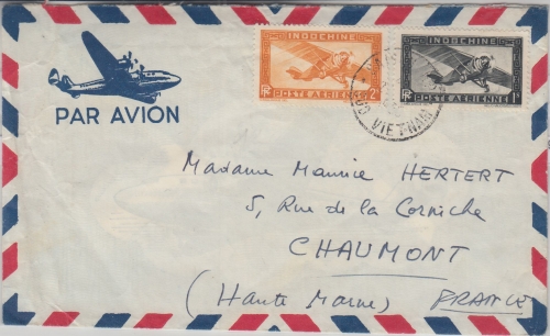 Franz. Indochina - 1+2 P. Flugpostausgabe Luftpostbrief Saigon - Chaumont 1939