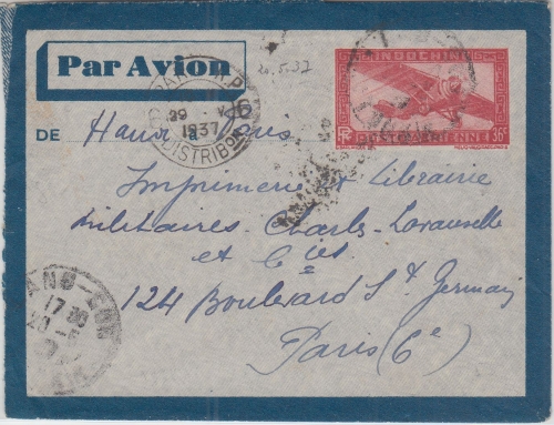 Franz. Indochina - 36 C. Ganzsache Luftpostbrief Tonkin - Paris 1937