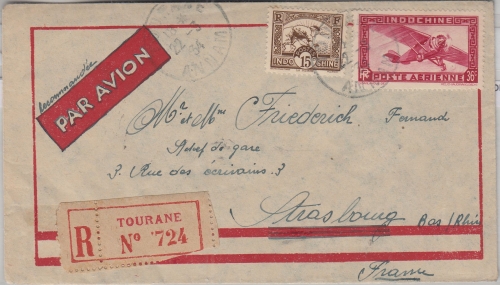 Franz. Indochina - 36 C. Flugpostausg. u.a. Lupo-Einschreibebrief Tourane 1934