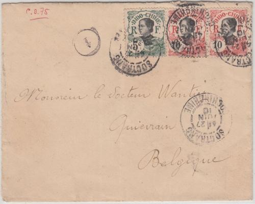 Franz. Indochina - 2x10+5 C. Freimarken Brief n. BELGIEN Sogtrang Quivrain 1910