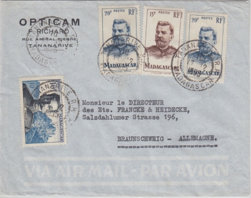Madagaskar - 2x20 Fr. Freimarke u.a. Luftpostbrief Tananarive Braunschweig 1955