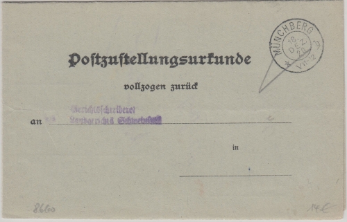 DR-Infla - Münchberg 18. DEZ 20 K2 Zustellurkunde/Ortsbrief