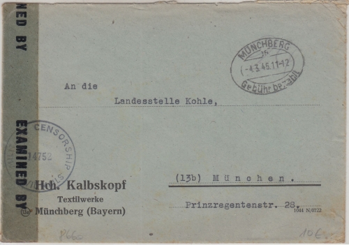 All.Bes. - Müncheberg 4.3.46 Gebühr bezahlt ovaler Tagesstpl. Zensurbrief