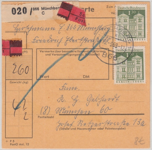BRD - 2x130 Pfg. Bauwerke Schnellpaketkarte Münchberg - München 1969
