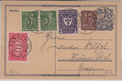 DR-Infla - 75 Pfg. Postreiter Ganzsache+Zusatz (15 M.-Tarif) Hof Wunsiedel 1923