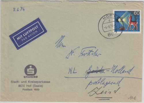 Berlin - 60 Pfg. Jugend/Tierschutz Luftpostbrief n. HOLLAND Hof - Zeist 1974
