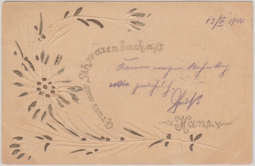 Bayern - Schwarzenbach a/S. handgemachte Grußkarte Bahnpost Hof Nürnberg 1900