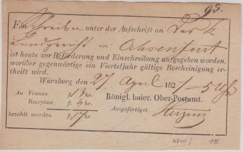 Bayern - Würzburg Ober-Postamt Aufgabeschein f. Chargebrief n. Ochsenfurt 1827