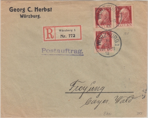 Bayern - 3x10 Pfg. Luitpold Einschreibebrief/Postauftrag Würzburg - Freyung 1912