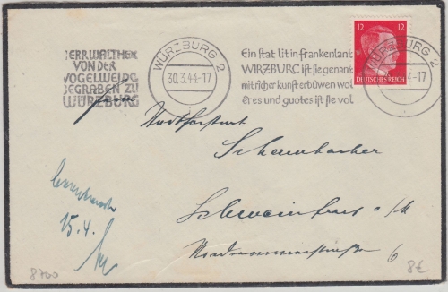 DR - Würzburg 1944 Walther v.d. Vogelweide Masch.stpl. Brief n. Schweinfurt