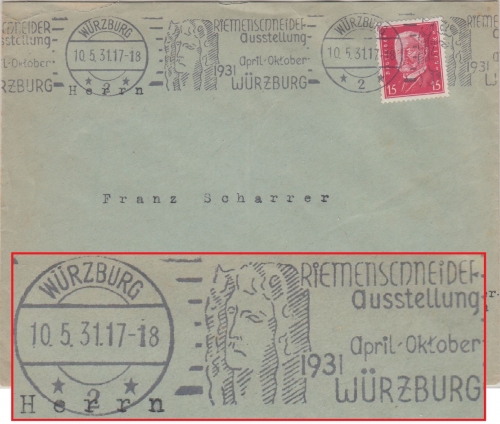 DR - Würzburg 1931 Riemenschneider-Ausstellung Masch.stpl. Brief n. Osterhofen