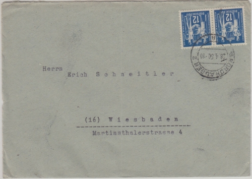 DDR - 12 Pfg. Postgewerkschaft waagr. Paar Brief Nordhausen - Wiesbaden 1950
