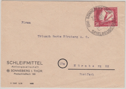 DDR - 24 Pfg. Skispringer Brief Sonneberg - Nürnberg 1951