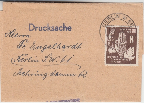DDR - 8 Pfg. Frieden Drucksachenstreifband bis 50g Berlin 1952