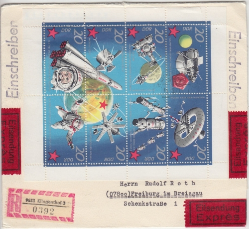 DDR - Weltraum-Kleinbogen Eil-Einschreibebrief Klingenthal - Freiburg 1971