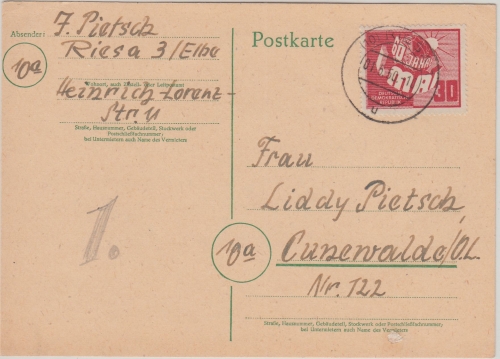 DDR - 30 Pfg. Tag d. Arbeit Karte Riesa - Cunewalde 1.5.50 ERSTTAG !