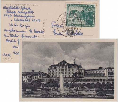 DDR - 12 Pfg. Dt.-Chin. Freundschaft Karte Seebad Heringsdorf - Falkenthal 1952