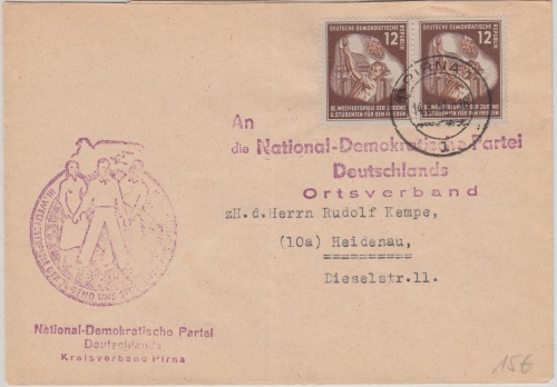 DDR - 2x12 Pfg. Weltfestspiele Jugend Brief Pirna - Heidenau 1951