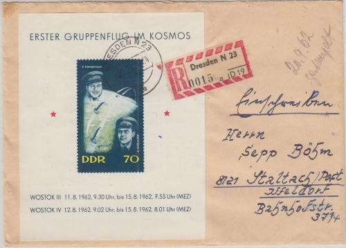 DDR - 70 Pfg. Wostock 3/4 Blockausgabe Einschreibebrief Drseden - Staltach 1962