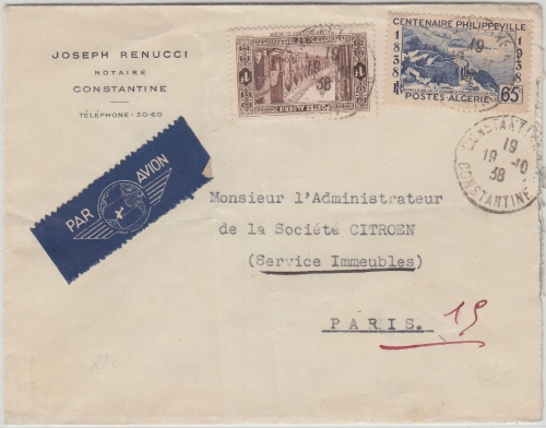 Algerien - 1 Fr. Landesansichten u.a. Luftpostbrief Constantine - Paris 1938