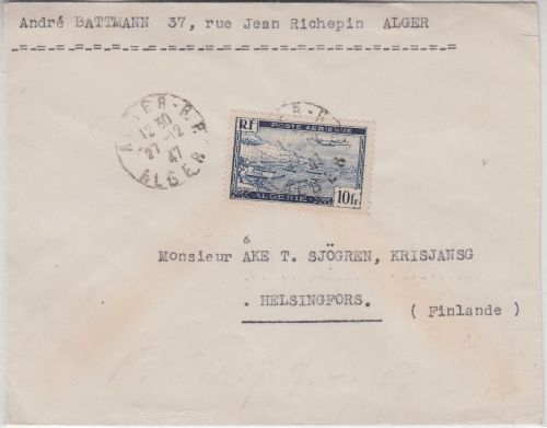 Algerien - 10 Fr. Hafen Brief n. FINNLAND Algier - Helsingfors 1947