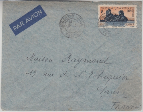 Neukaledonien - 10 Fr. Freimarke Luftpostbrief Noumea - paris 1949