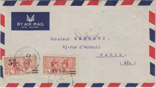 Martinique - 10 Fr./65 C. Überdruck u.a. Luftpostbrief Marigot - Paris 1947