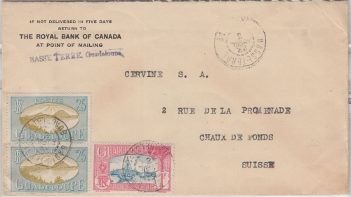 Guadeloupe - 1 Fr.+2x25 C, Freimarken Brief i.d. SCHWEIZ Basseterre 1932