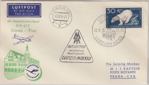 DDR - 30 Pfg. Eisbär Luftpostbrief/Messe-Sonderflug Leipzig - Prag 1957