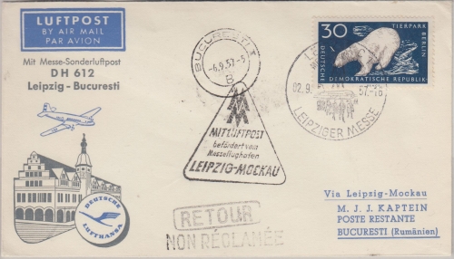 DDR - 30 Pfg. Eisbär Luftpostbrief/Messe-Sonderflug Leipzig - Bukarest 1957