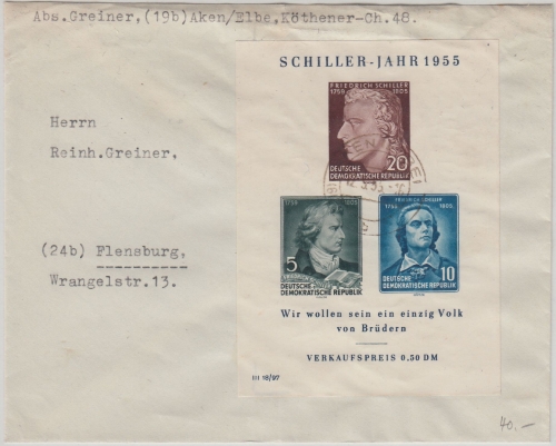 DDR - Schiller-Jahr 1955 Blockausgabe Brief Aken - Flensburg 1955