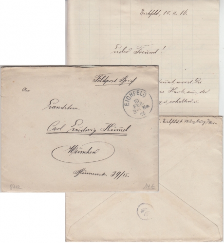 Bayern - Eichfeld 10. FEB 16 K1 Feldpostbrief n. München