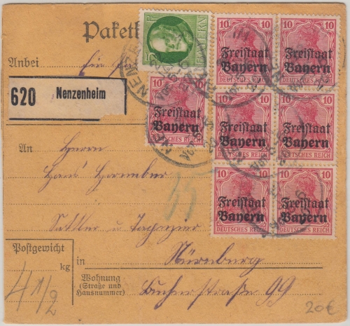 Bayern - 7x10 Pfg. Germania/Freistaat u.a. Paketkarte Nenzenheim - Nürnberg 1920