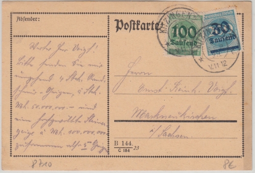 DR-Infla - 30 Tsd./200M. Ziffer u.a. Karte Kitzingen - Markneukirchen 24.9.23