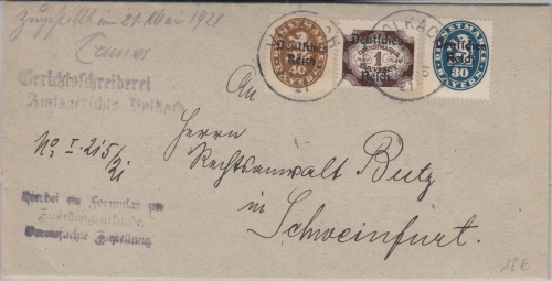 DR-Infla - 1 M. By-Abschied/DR u.a. Dienst-Zustellurkunde Volkach 1921
