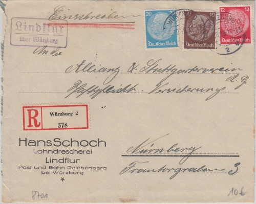 DR - Linflur ü. Würzburg Landpost-Ra2 Einschreibebrief n. Nürnberg 1936